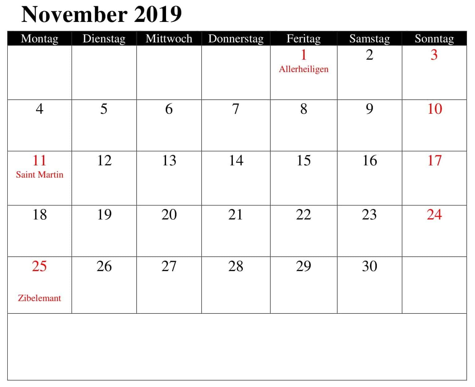 Kalender November 2019 Mit Feiertagen