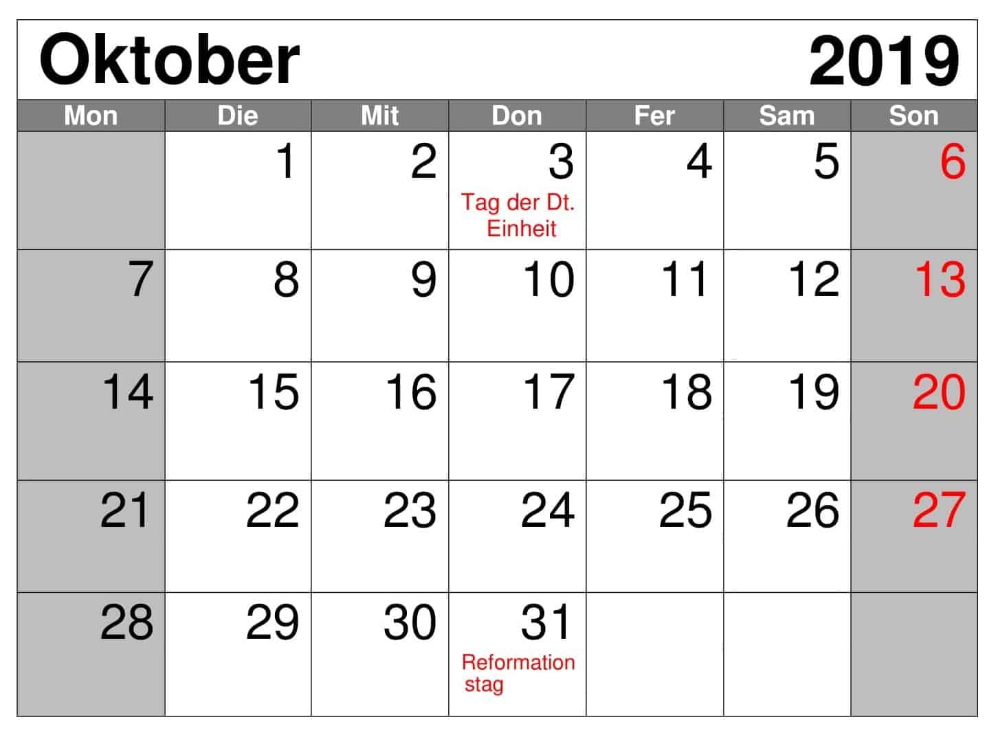  Kalender Oktober 2019 Mit Feiertagen