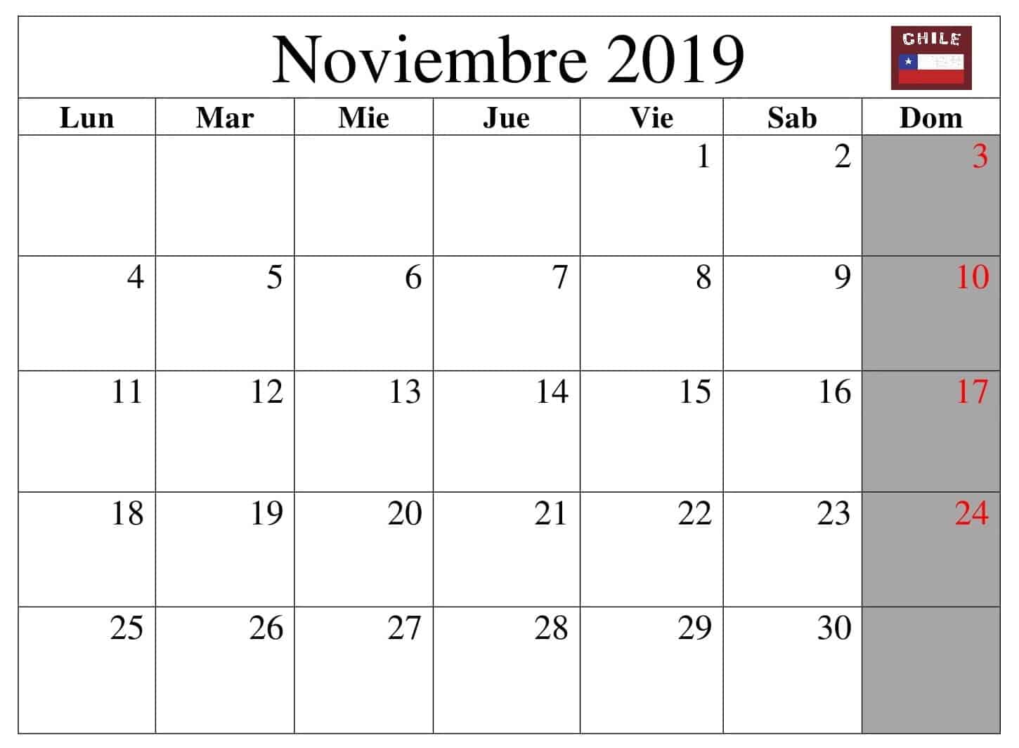  Calendario Noviembre 2019 Chile