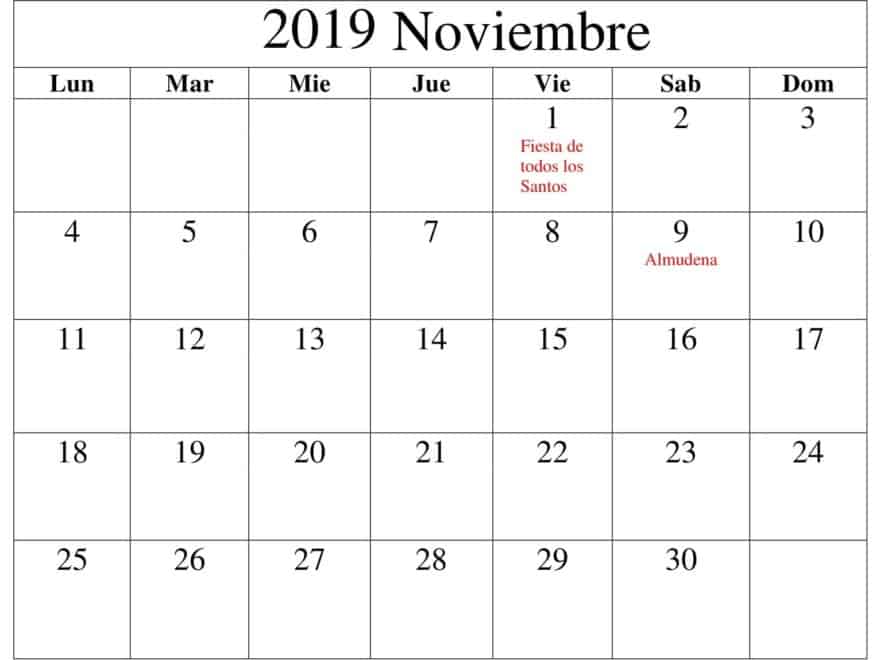 Calendario Noviembre 2019 Con Festivos