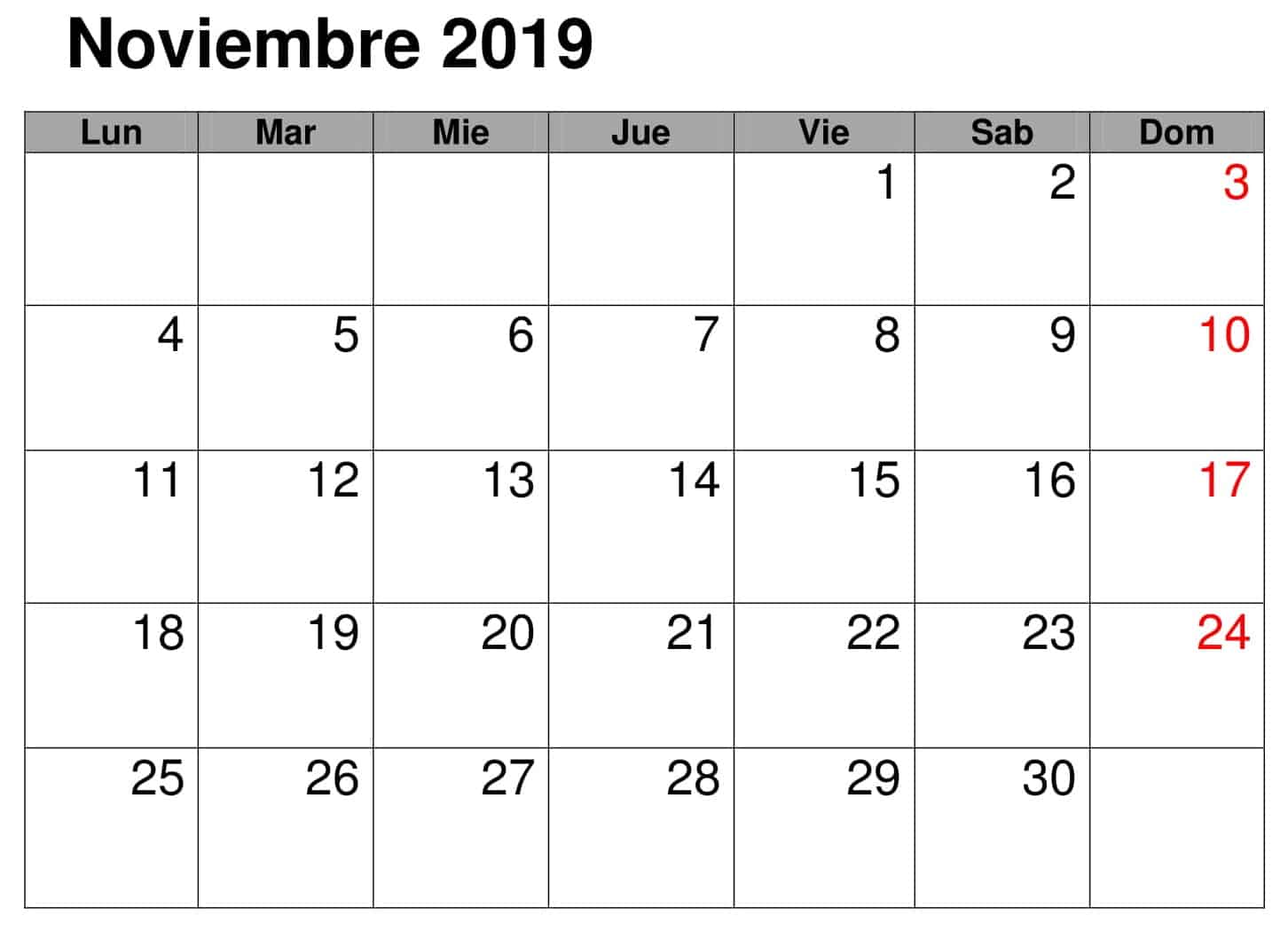  Calendario Noviembre 2019 Para Imprimir