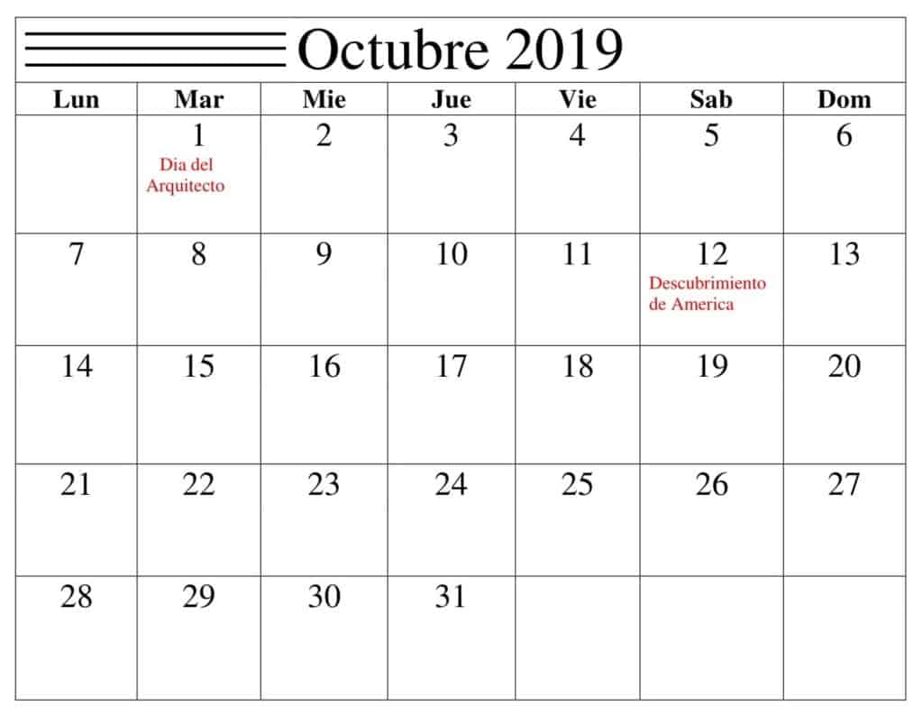 Profesional Calendario Octubre 2019 Con Festivos Word