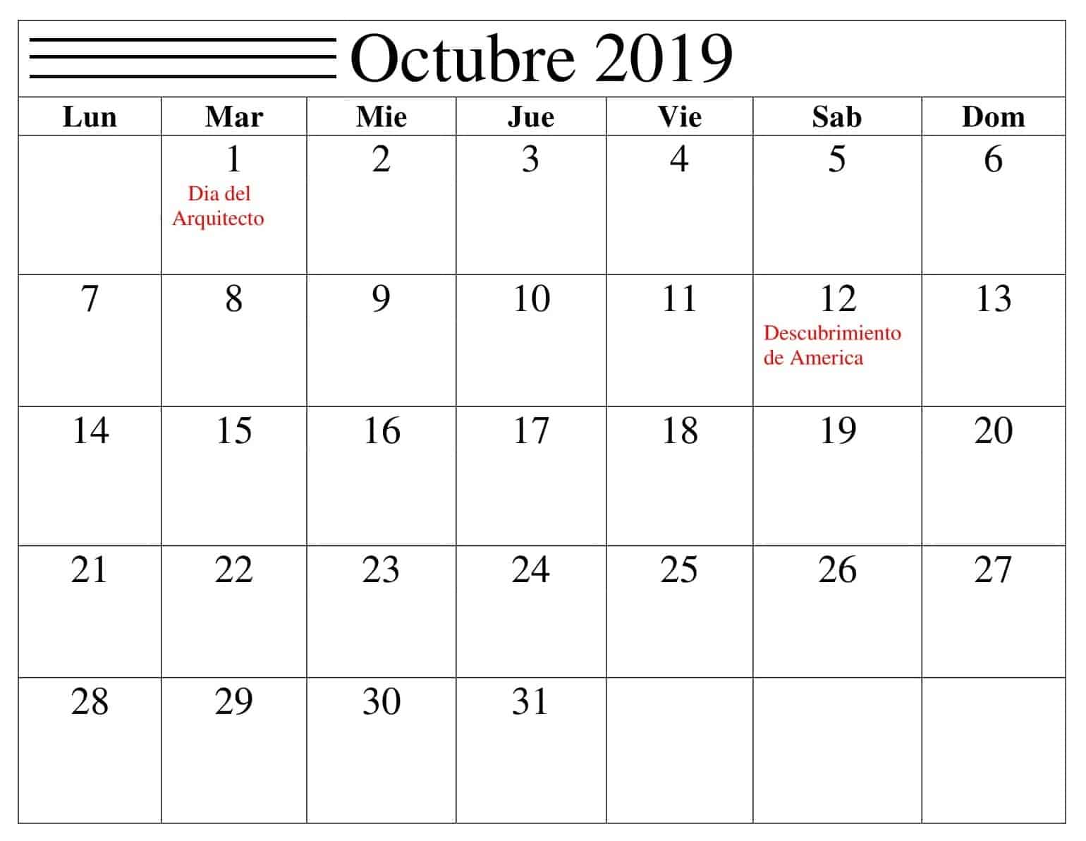  Calendario Octubre 2019 Con Festivos