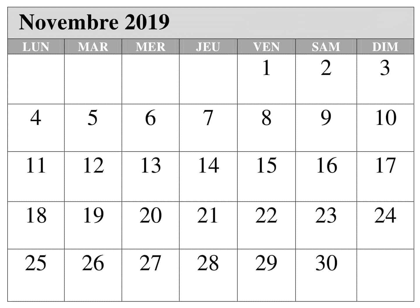  Calendrier 2019 Novembre