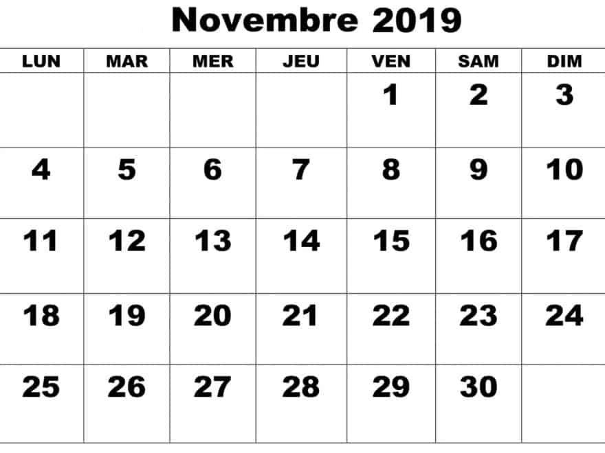 Calendrier Novembre 2019 À Imprimer