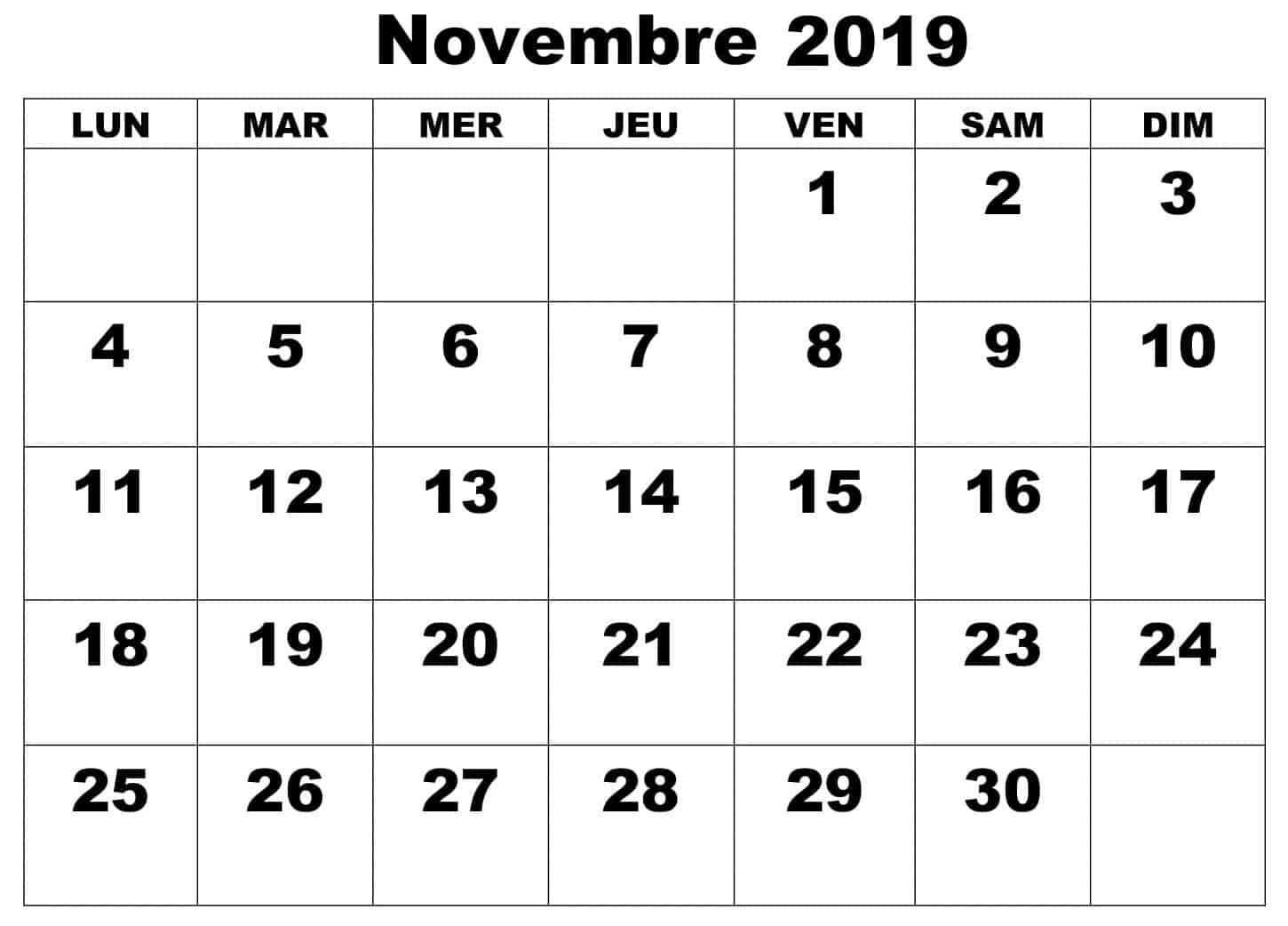 Calendrier Novembre 2019 À Imprimer