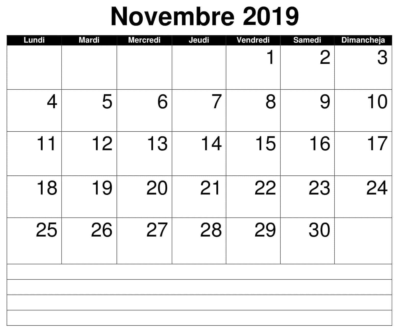  Novembre Calendrier 2019