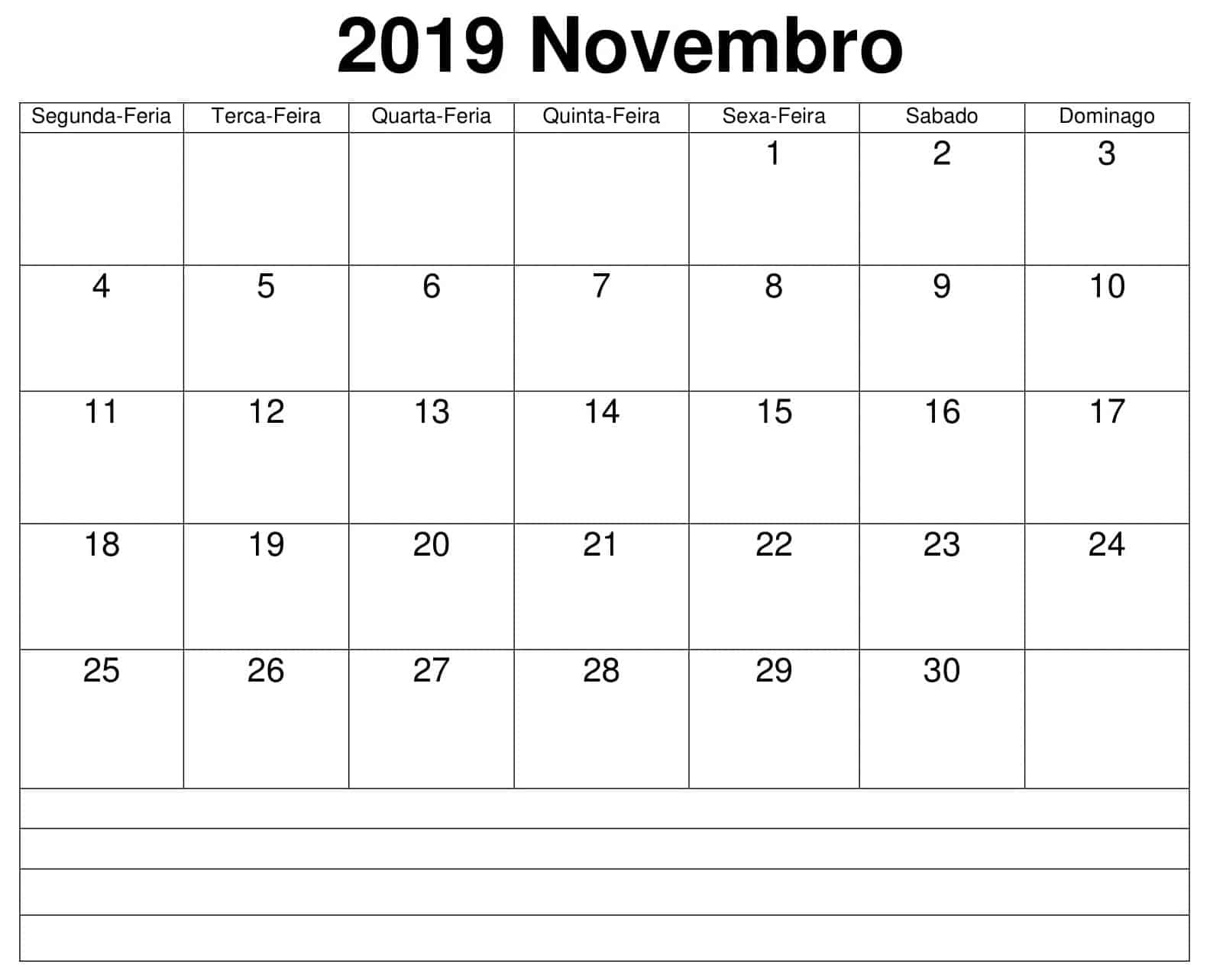  Calendário 2019 Novembro