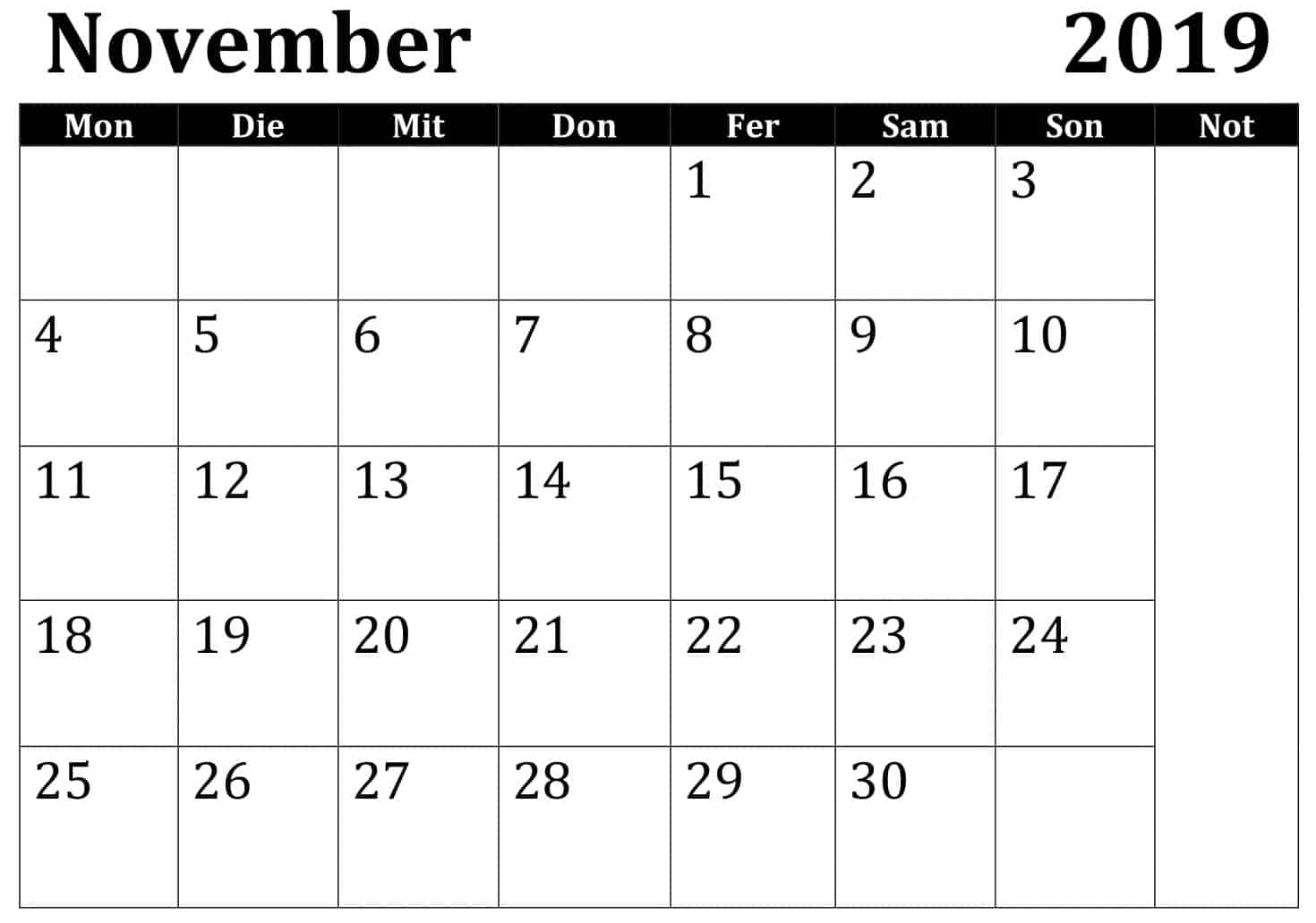 Kalender 2019 November Word