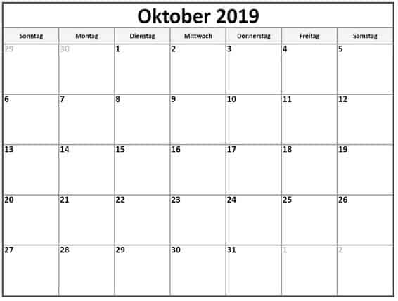 Kalender 2019 Oktober 