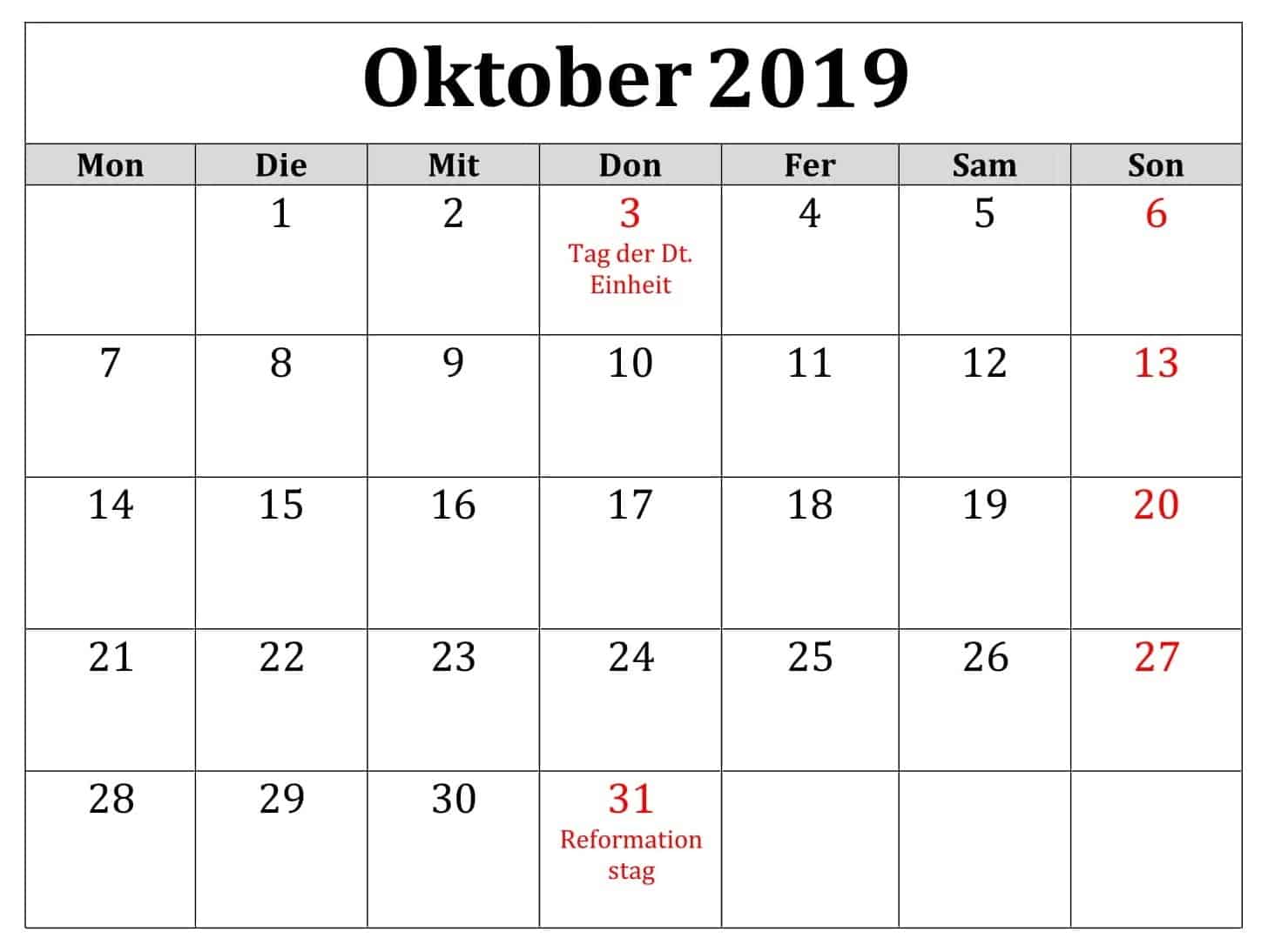 Kalender 2019 Oktober