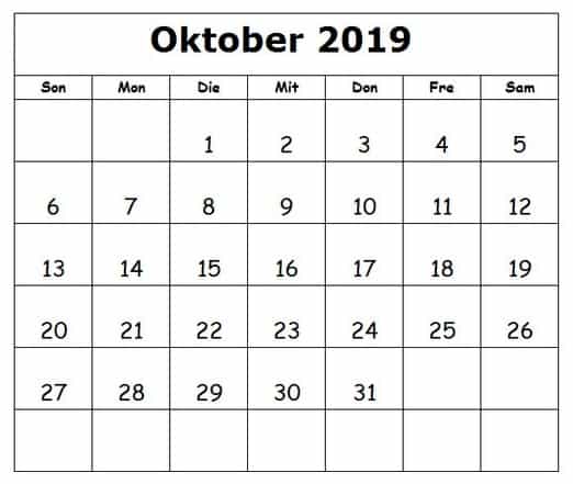 Kalender 2019 Oktober