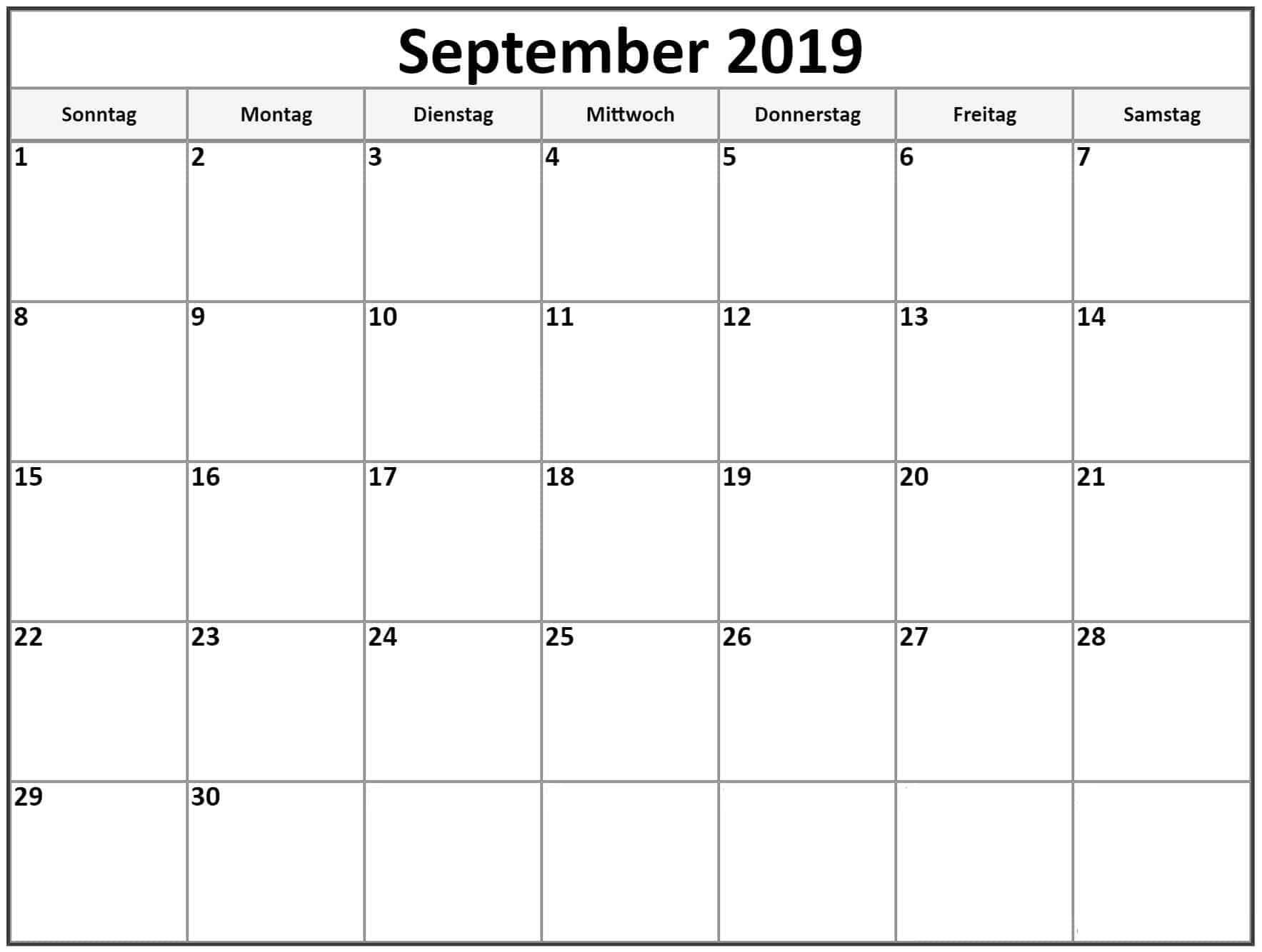 Kalender Tabelle 2019 September