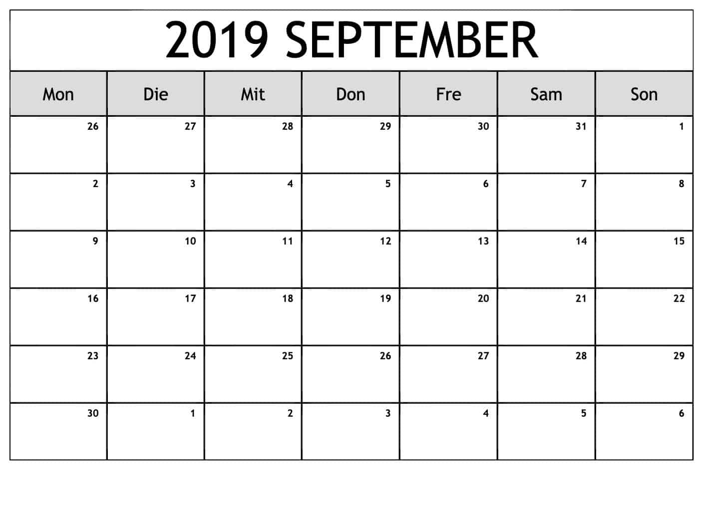 Kalender 2019 Notizen September