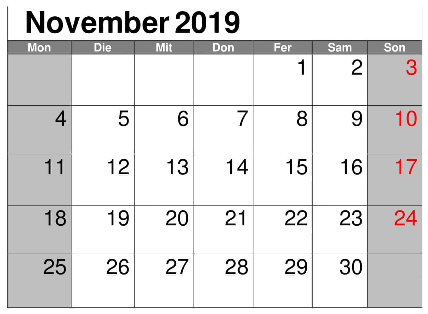 Kalender Monats 2019 November
