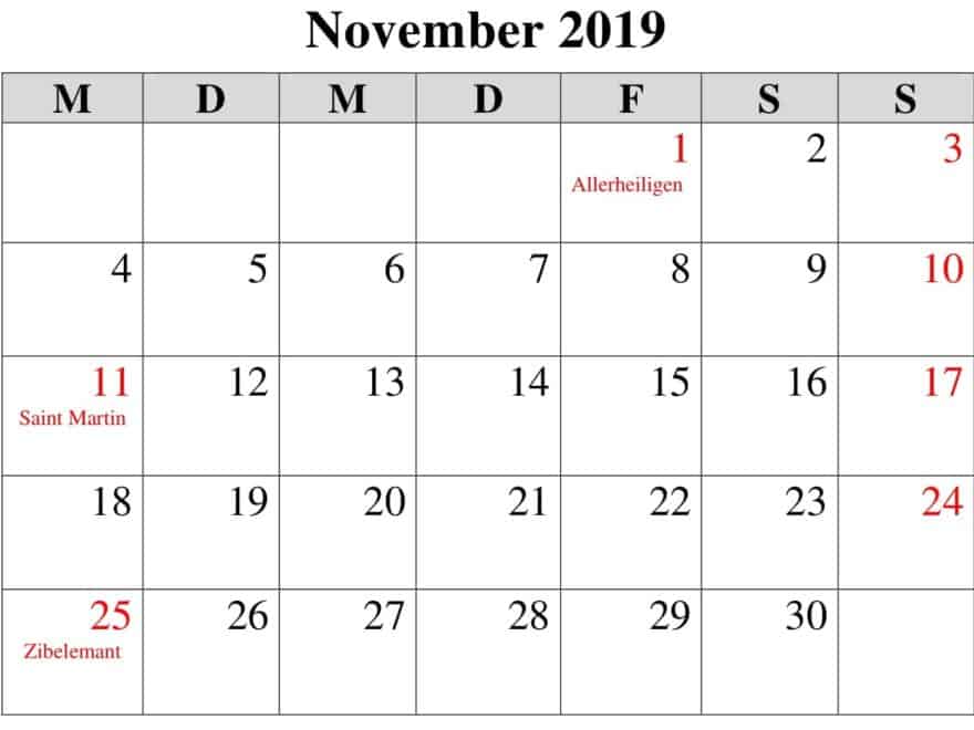 Kalender November 2019 Mit Feiertagen