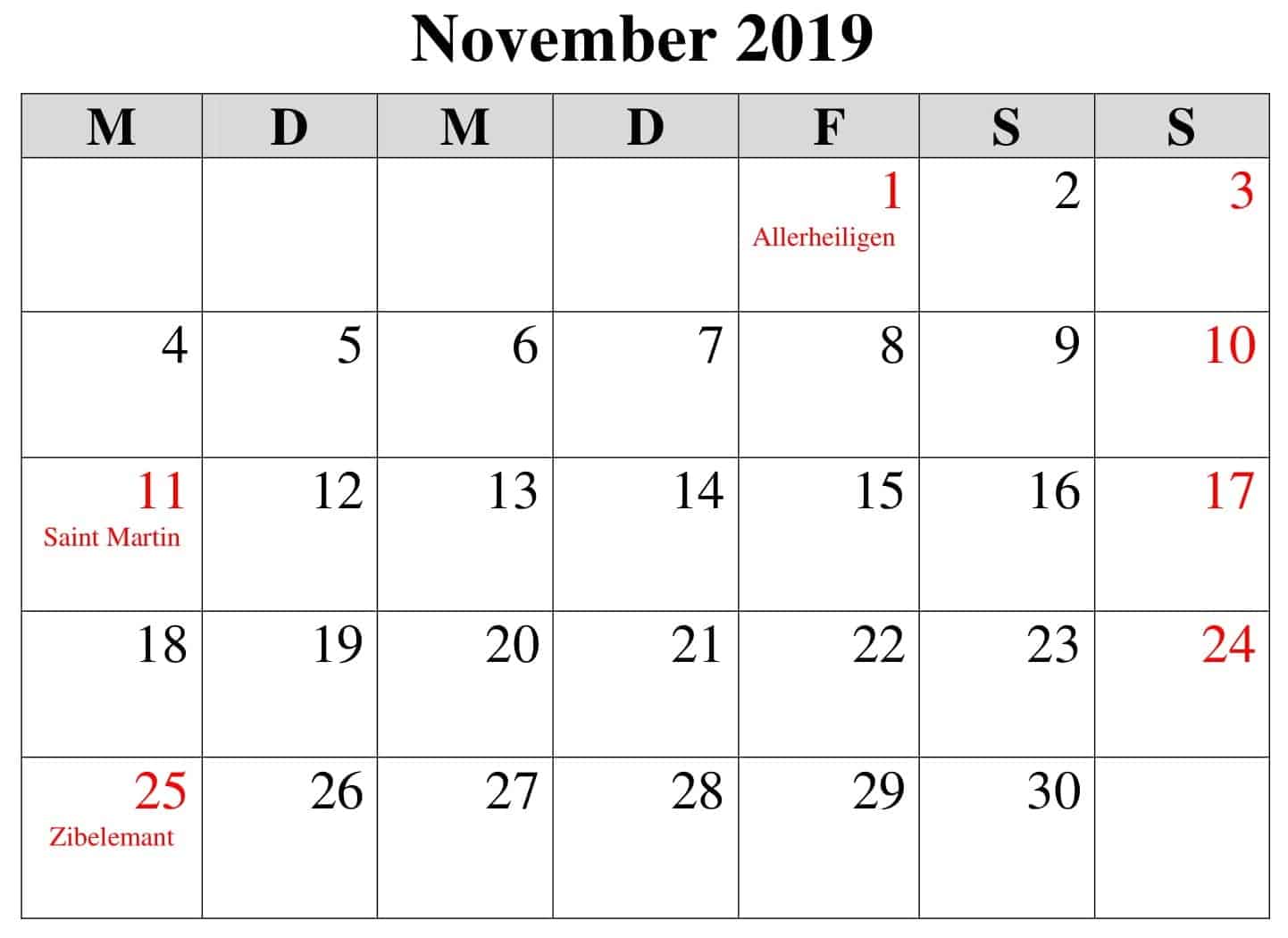 Kalender November 2019 Mit Feiertagen 