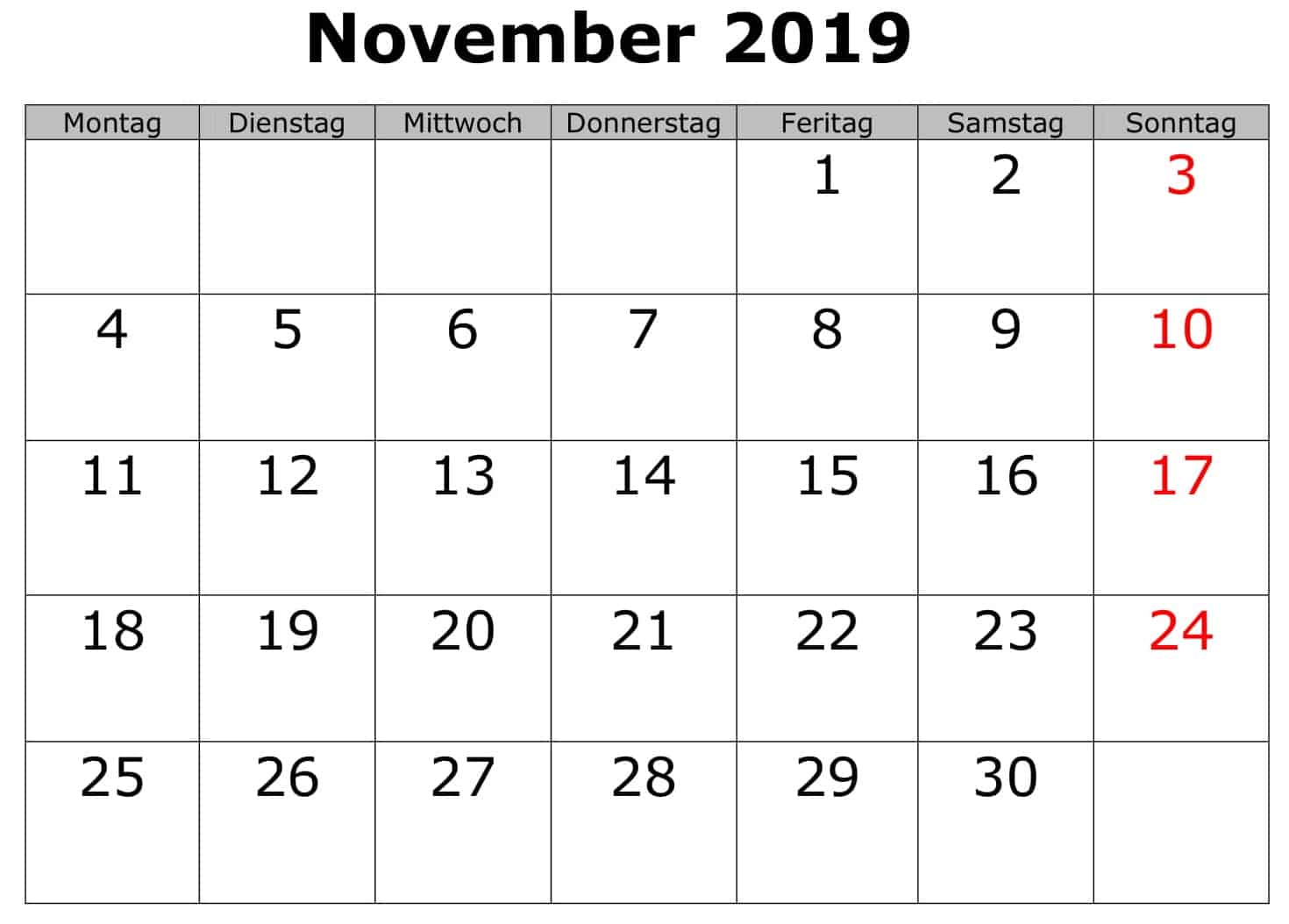 Kalender November 2019 Zum Ausdrucken 