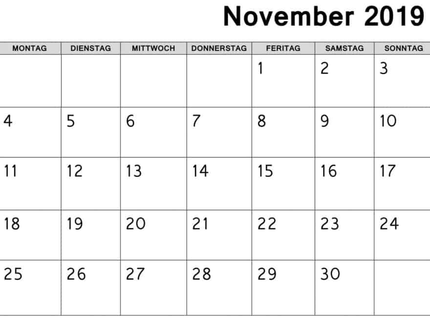 Kalender November 2019 Zum Ausdrucken