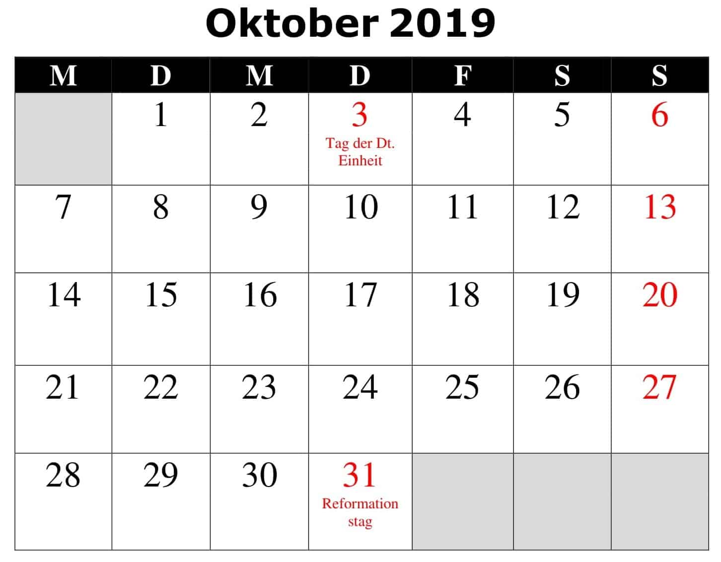 Kalender Oktober 2019 Mit Feiertagen 