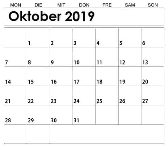 Kalender Oktober 2019 Zum Ausdrucken 