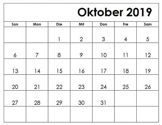Kalender Oktober 2019 Zum Ausdrucken 