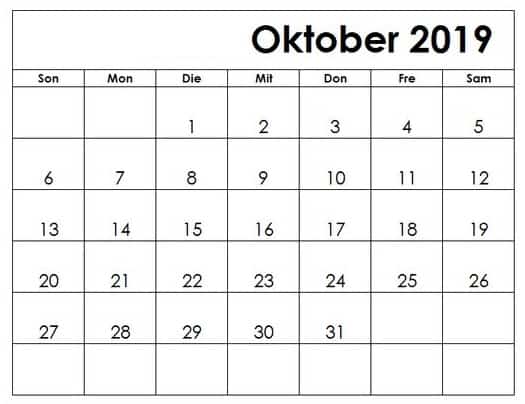 Kalender Oktober 2019 Zum Ausdrucken