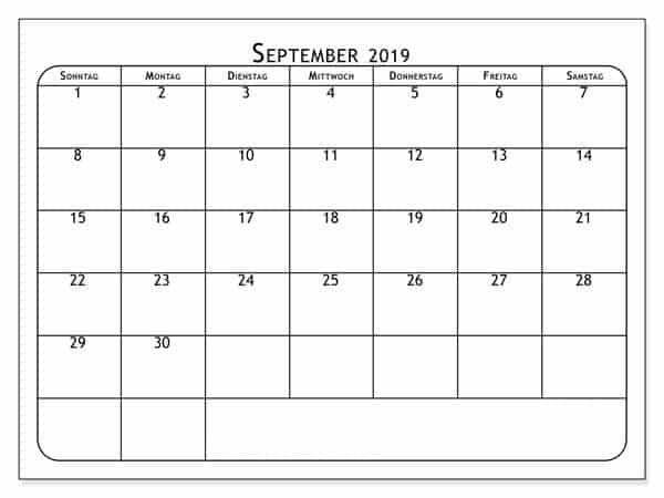 Blatt Kalender September 2019 Zum Ausdrucken 