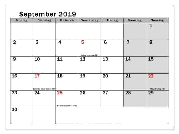 Monatlich Kalender September 2019 Zum Ausdrucken 