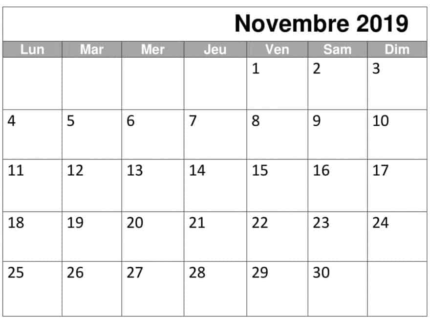 Calendrier 2019 Novembre