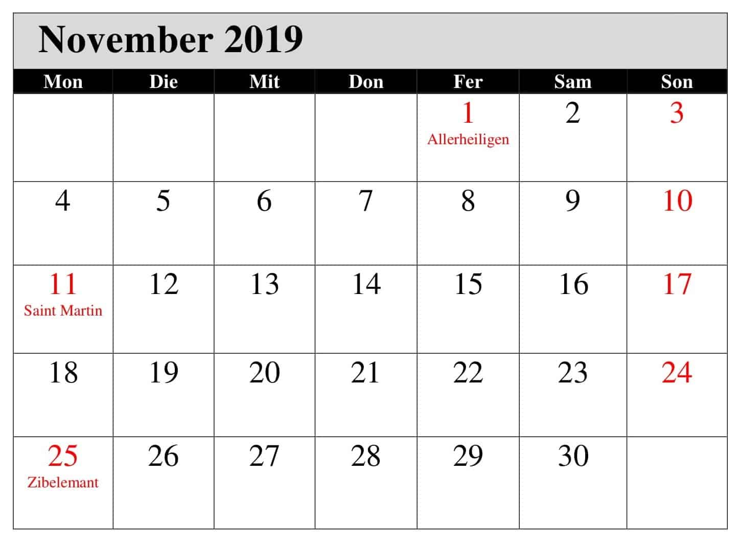  Kalender November 2019 Mit Feiertagen