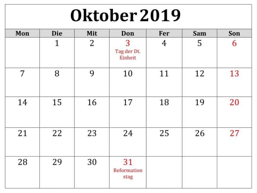 Kalender Oktober 2019 Mit Feiertagen