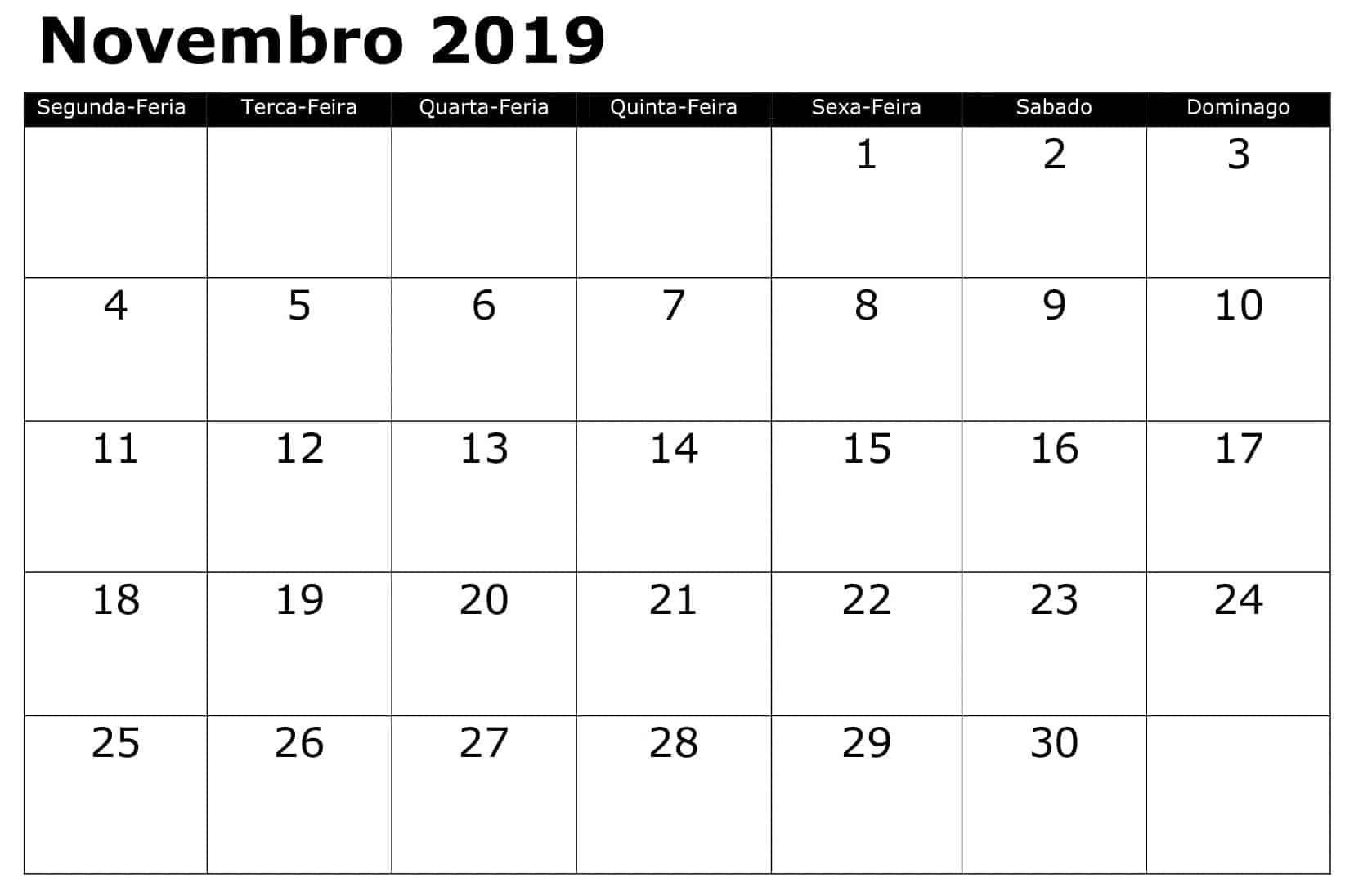  Calendário 2019 Novembro