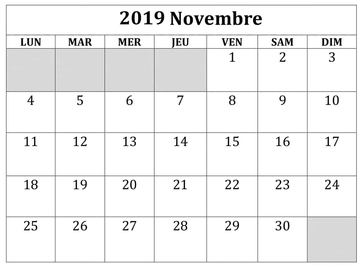 Novembre Calendrier 2019 