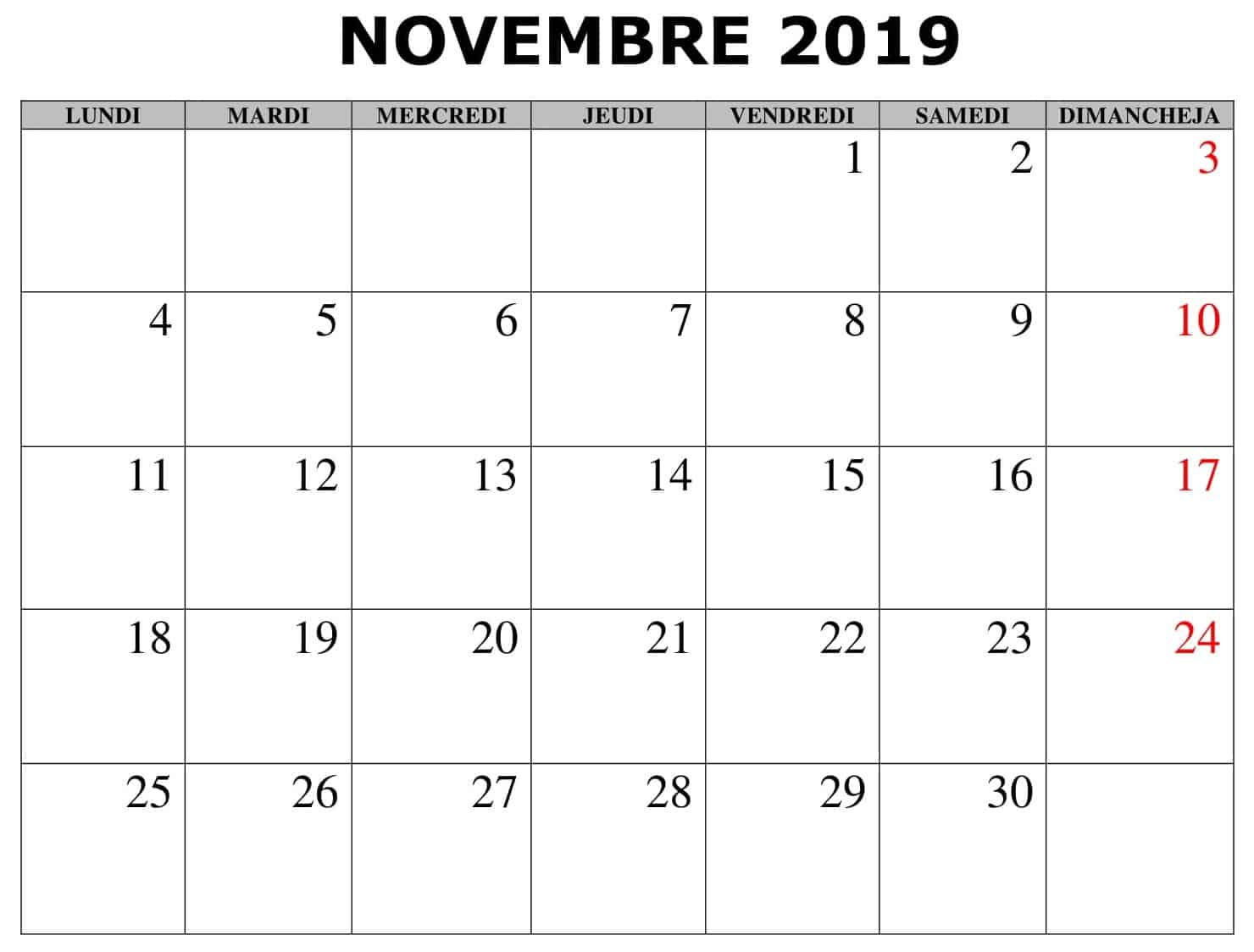 Novembre Calendrier 2019 PDF