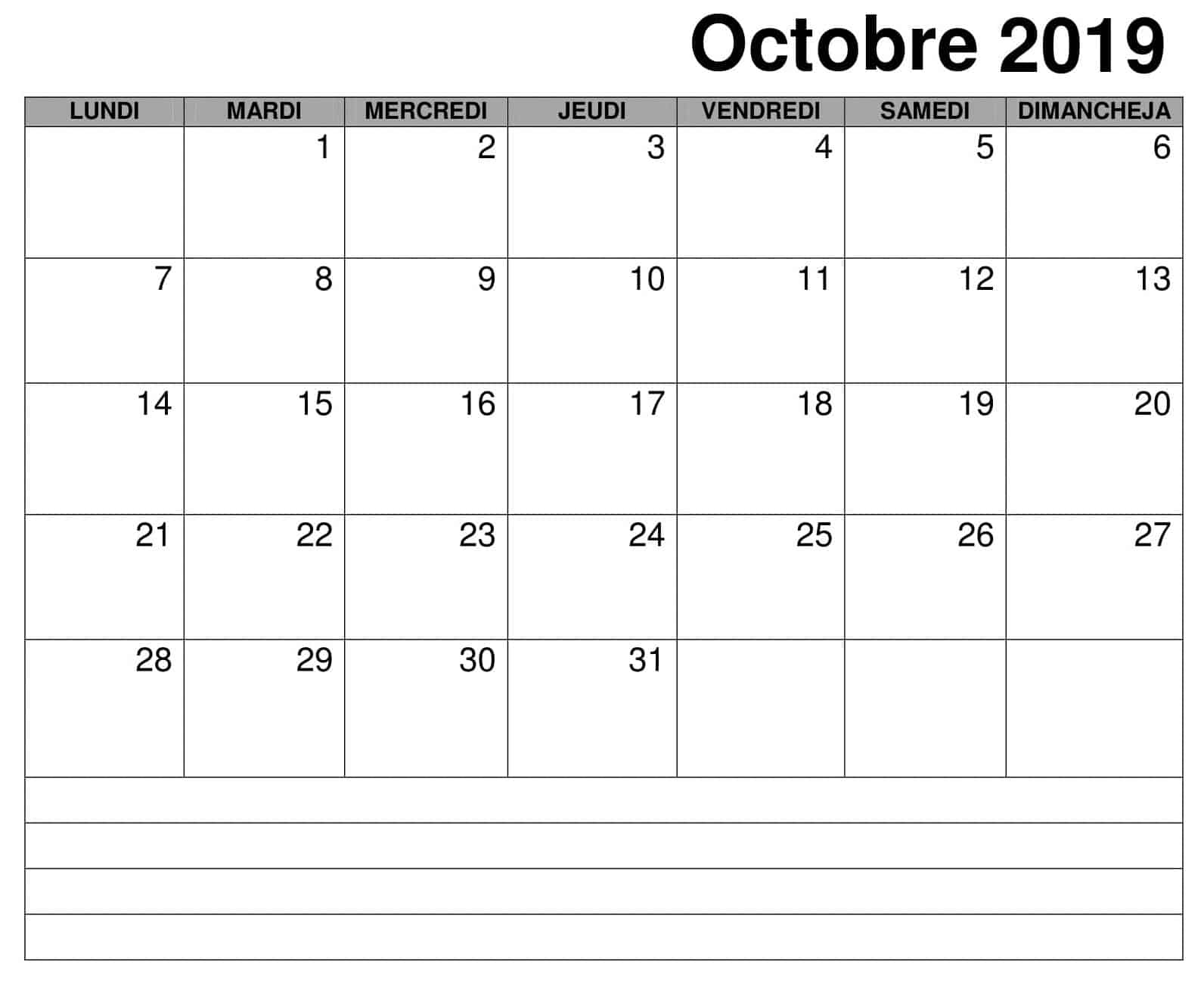 Octobre Calendrier 2019 Excel