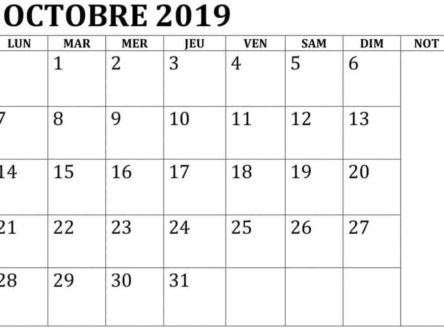 Octobre Calendrier 2019 Word