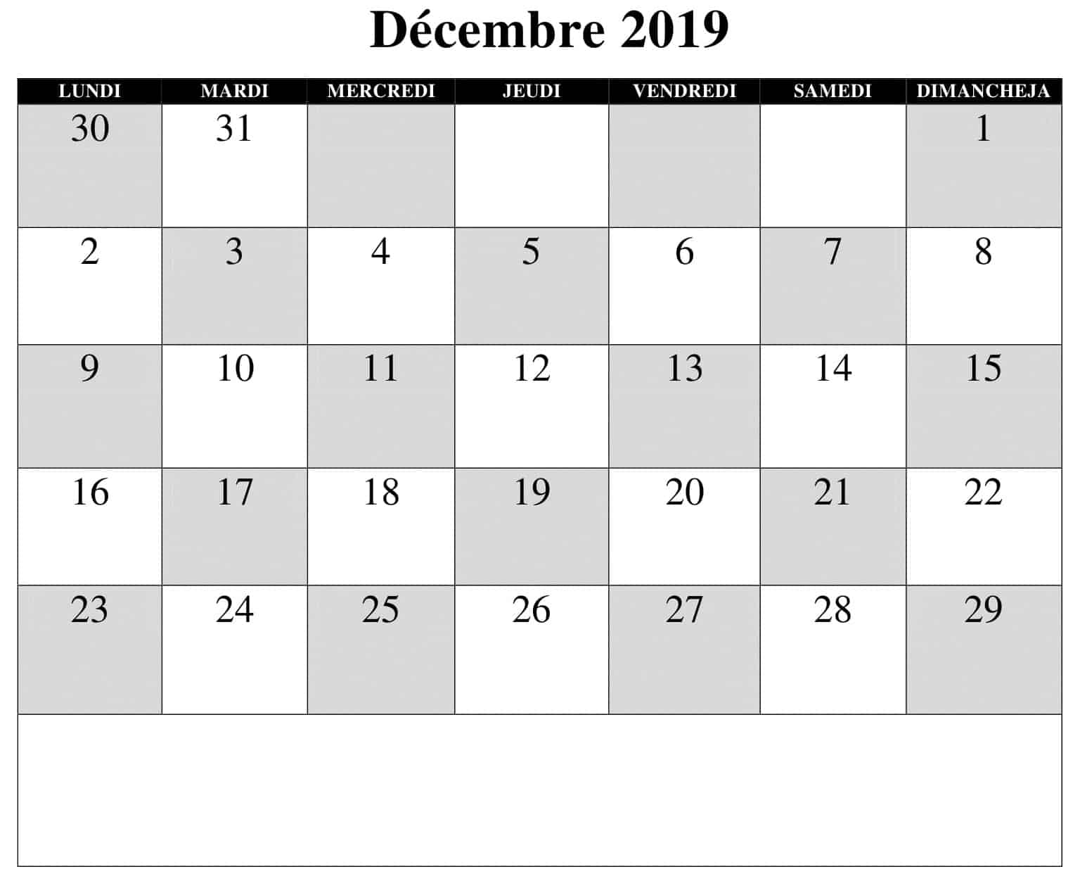  Calendrier Décembre 2019