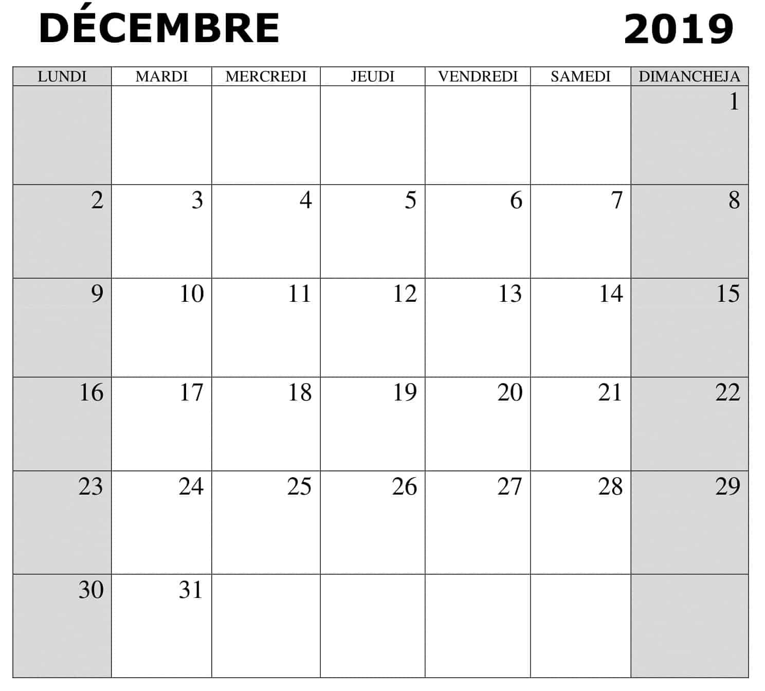  Décembre Calendrier 2019