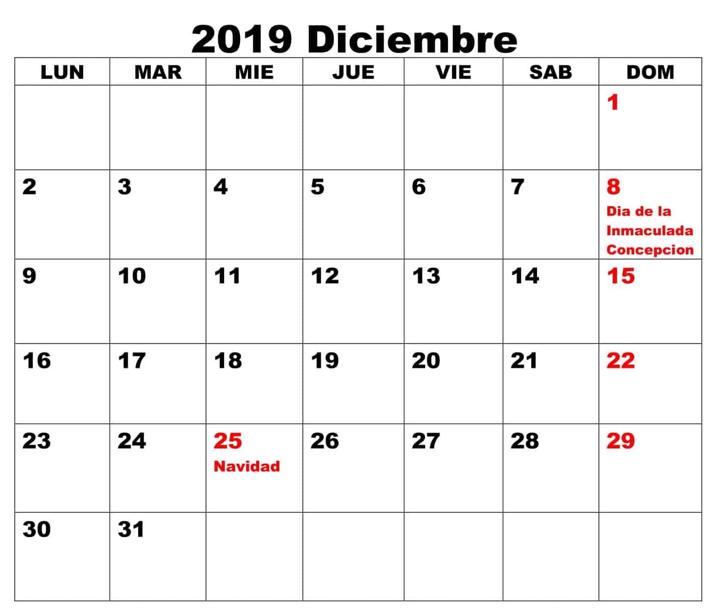 Calendario Diciembre 2019 Argentina 