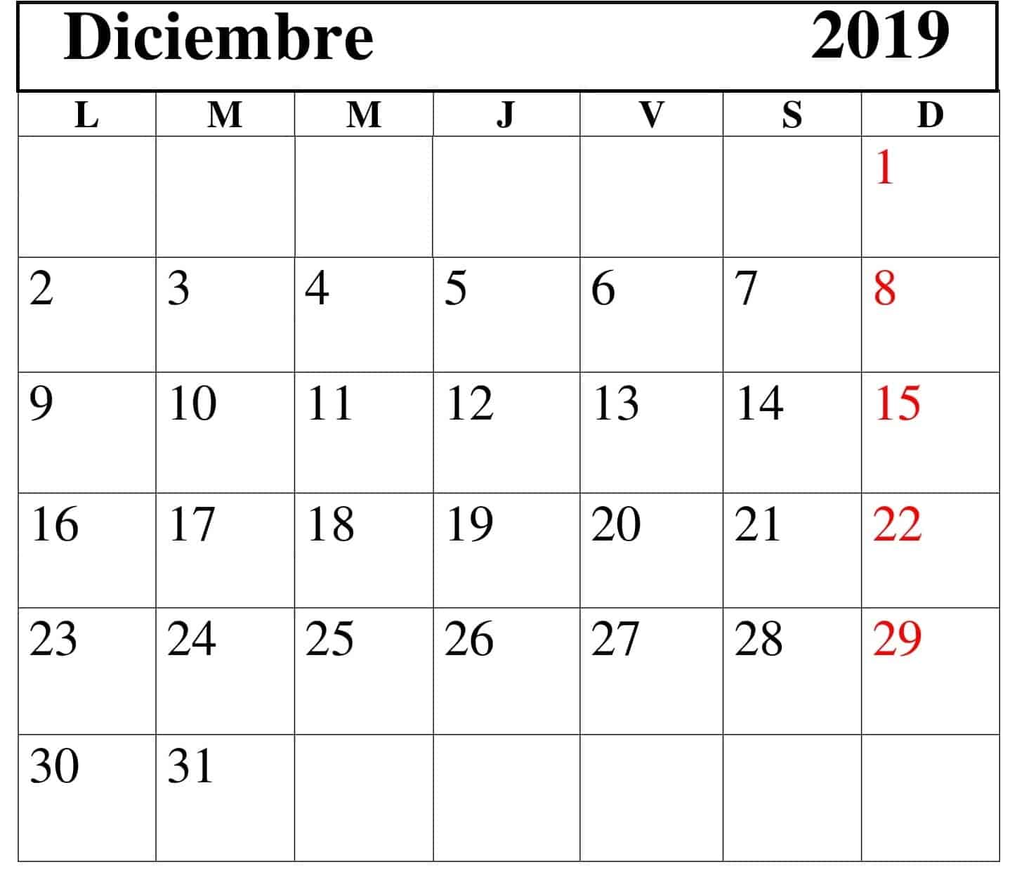Calendario Diciembre 2019 Chile 