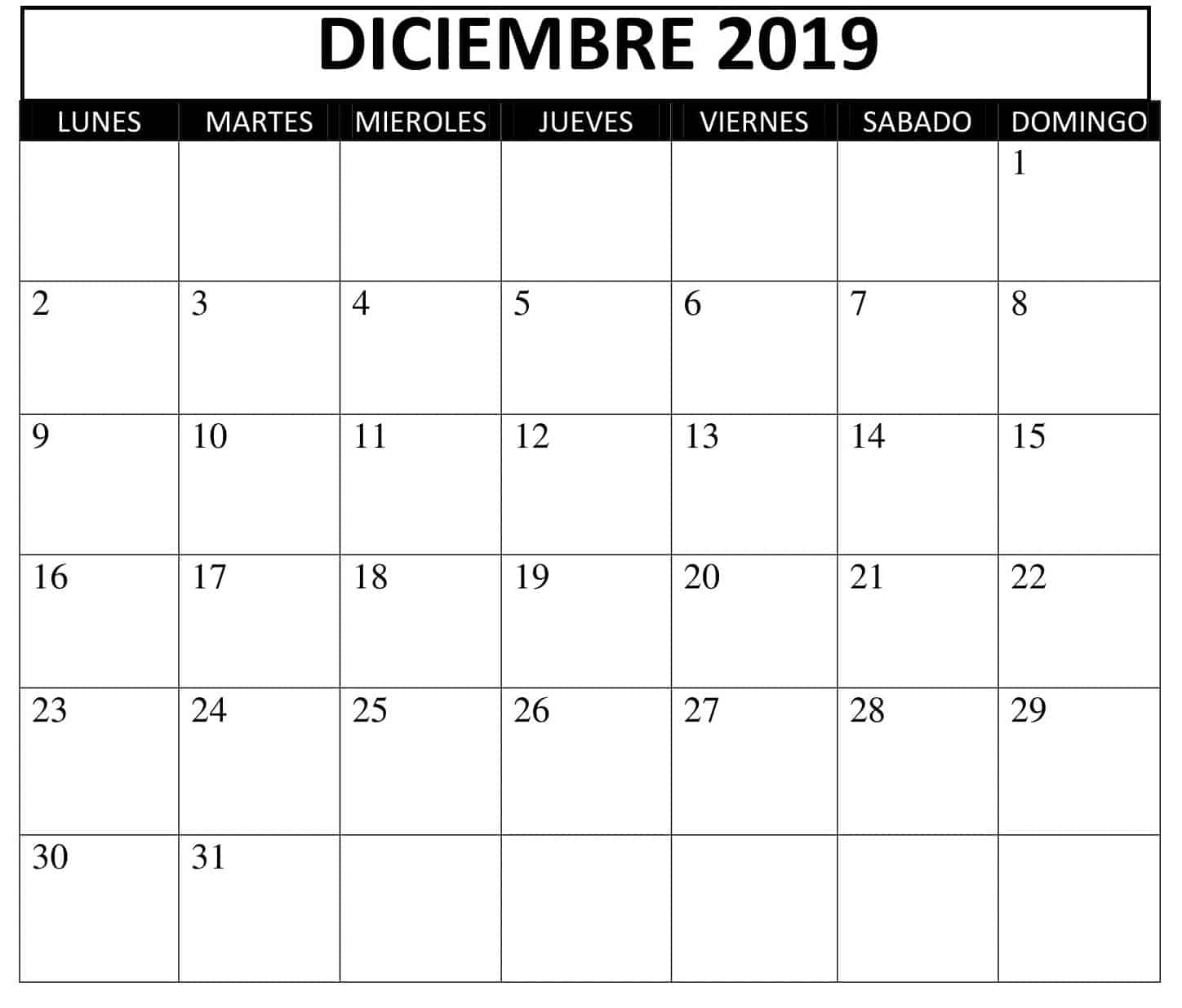 Calendario Diciembre 2019 Chile 