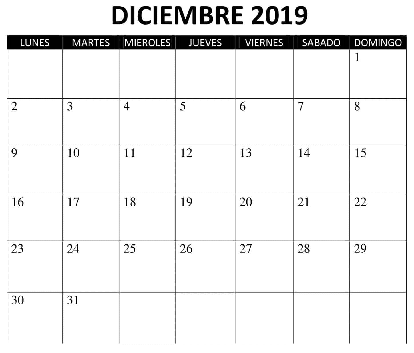 Calendario Diciembre 2019 Para Imprimir 