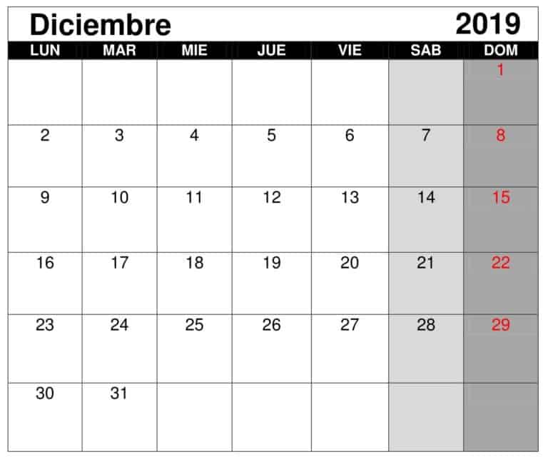Calendario Diciembre 2019 Para Imprimir Planificador