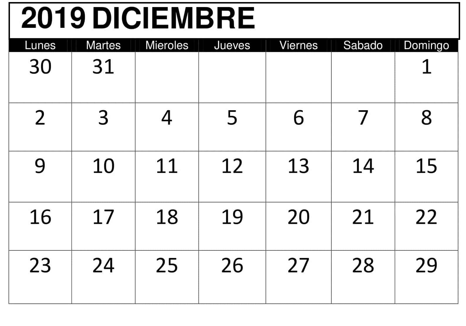 Calendario Diciembre 2019 Chile