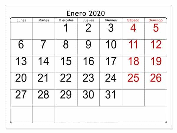 Calendario Enero 2019 Para Imprimir Gratis