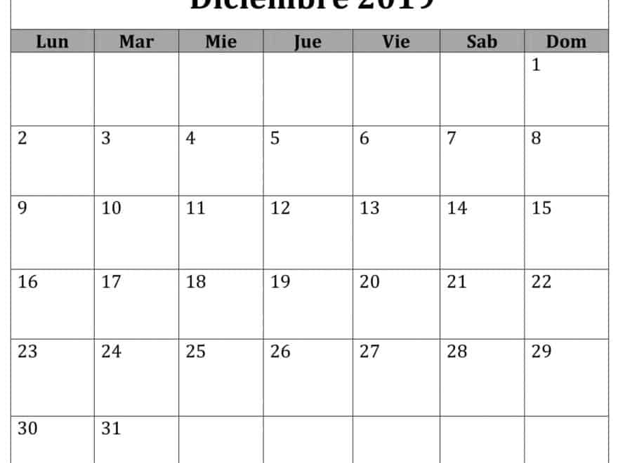 Calendario Diciembre 2019 Para Imprimir