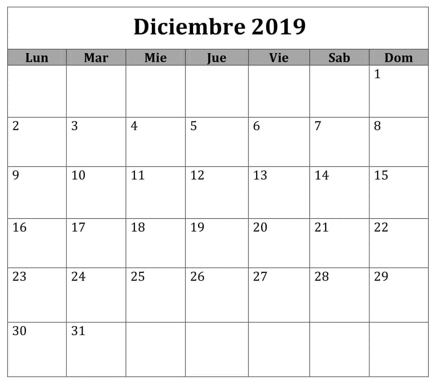 Calendario Diciembre 2019 Para Imprimir Planificador