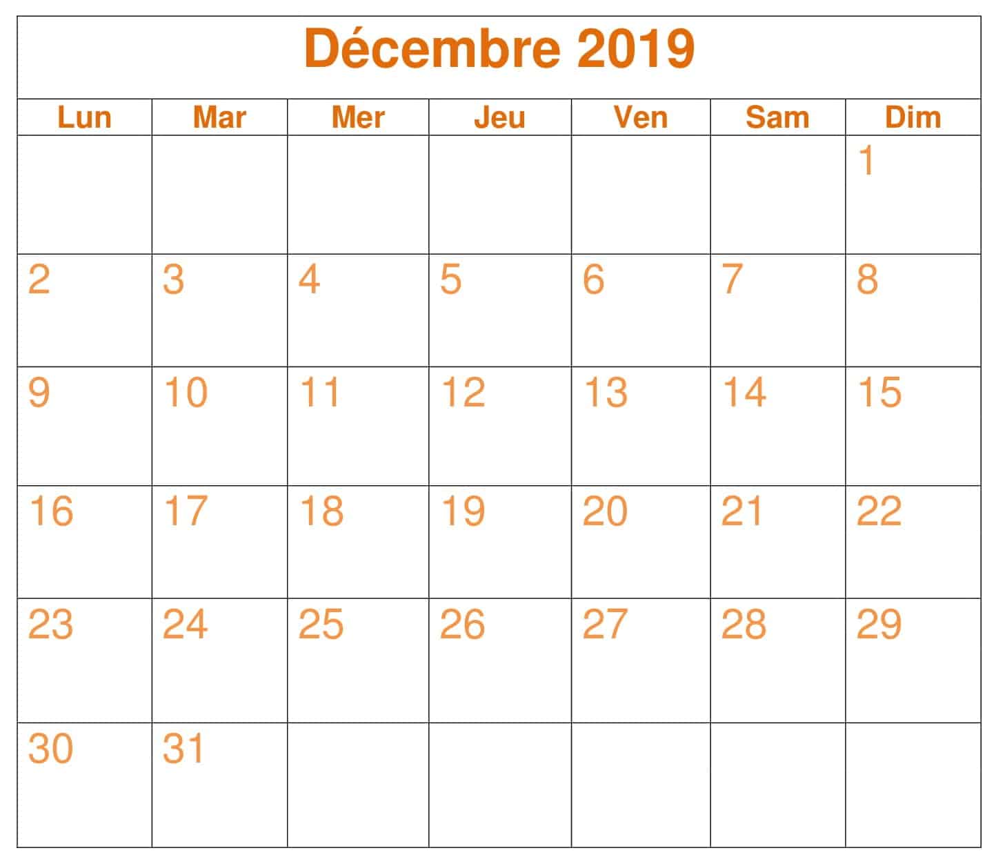 Calendrier Décembre 2019
