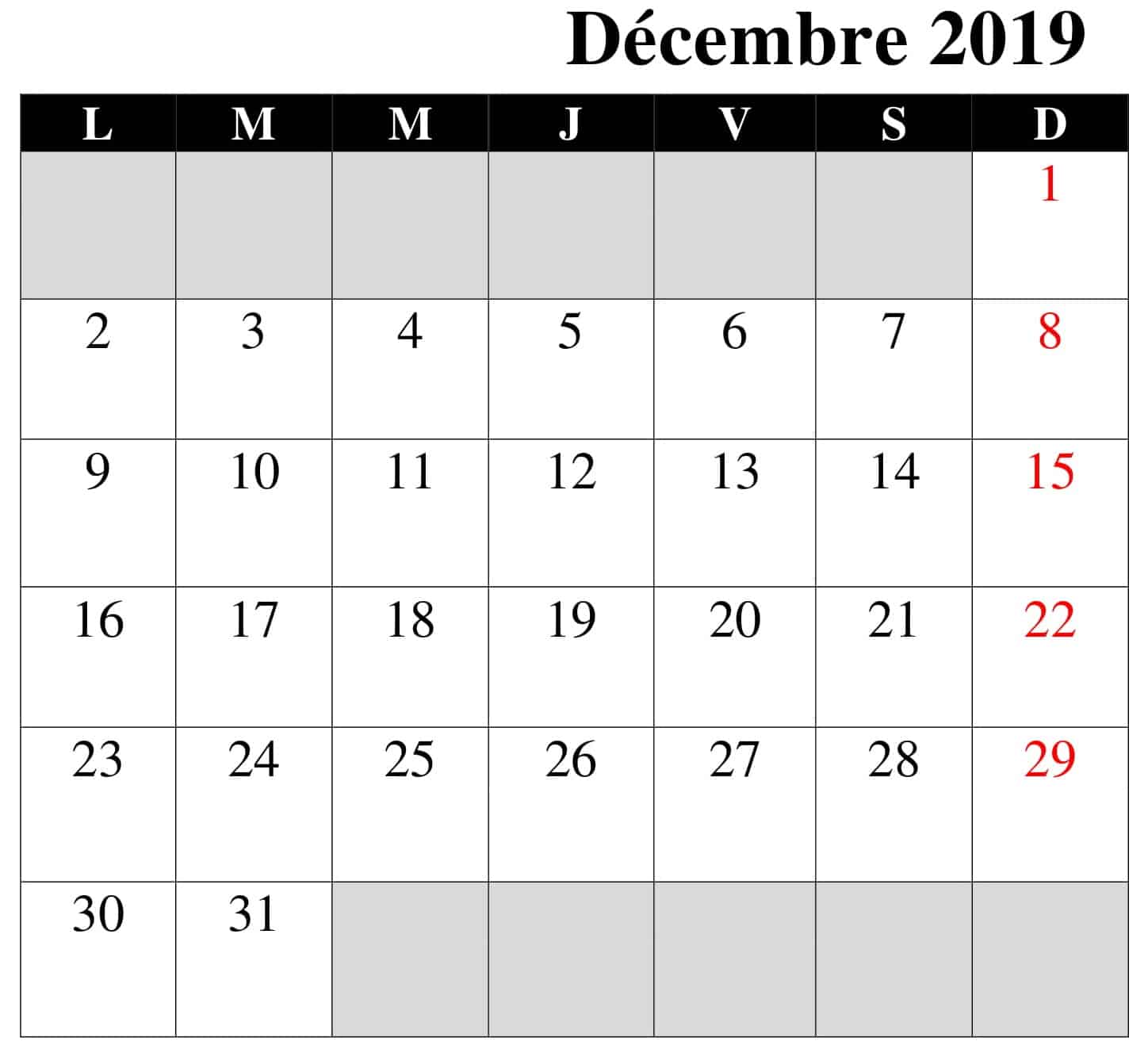 Calendrier Décembre 2019